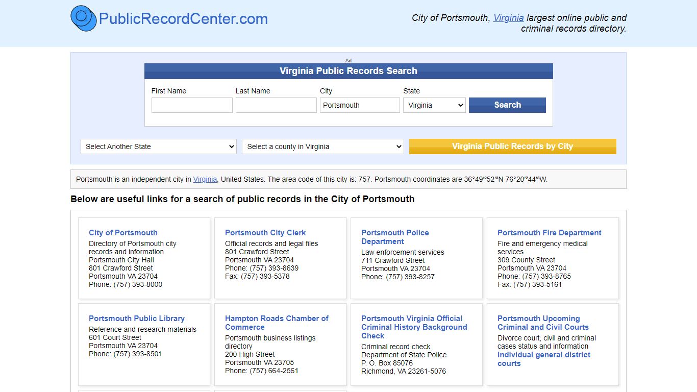 Portsmouth, Virginia Public Records and Criminal Background Check